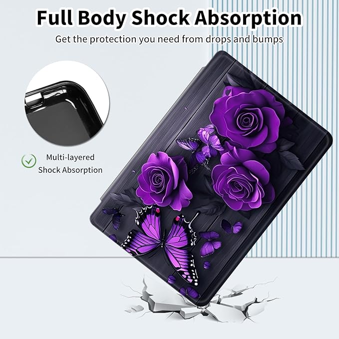 Case for iPad (A16) 11th Generation 11 Inch (2025)iPad 10th Generation 10.9 Inch (2022)360 Degree Rotating Multi-Angle Viewing Case with Auto Sleep/Wake-Purple Rose Butterfly