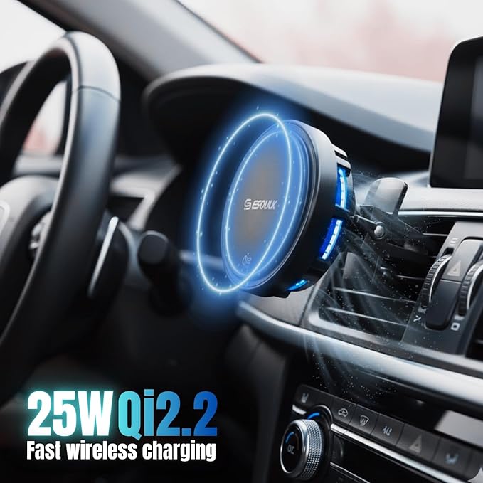 Esoulk [2026 Upgraded] Qi2 25W Fast Wireless Car Charger with Cooling Fan MagSafe Compatible Magnetic Mount 3-in-1 Dashboard/Windshield/Air Vent Phone Holder for iPhone &amp Android