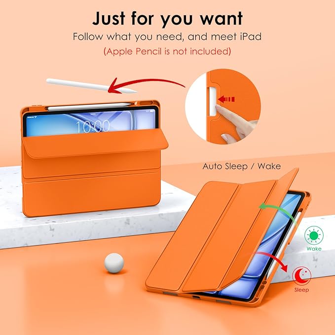 DTTO for iPad Air 13 Inch Case M4/M3/M2 2026/2025/2024 iPad Pro 12.9 Inch Case (6th/5th/4th/3rd Gen) Smart Slim Trifold Stand Soft Cover with Pencil Holder Orange