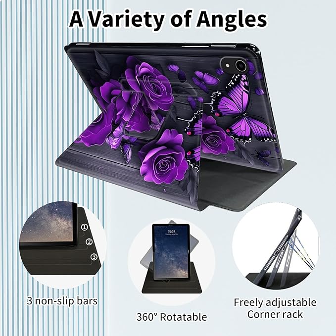 Case for iPad (A16) 11th Generation 11 Inch (2025)iPad 10th Generation 10.9 Inch (2022)360 Degree Rotating Multi-Angle Viewing Case with Auto Sleep/Wake-Purple Rose Butterfly