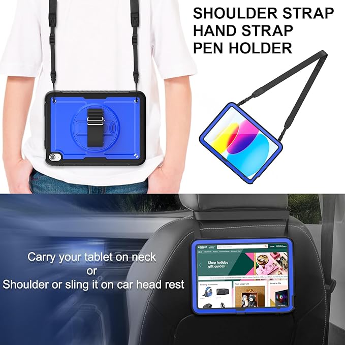 Timecity Case for iPad 11th/10th Generation 2025/2022: with Screen Protector 360 Rotating Stand Hand Strap Shoulder Strap Pencil Holder Full-Body Shockproof Protective Case -Darkblue
