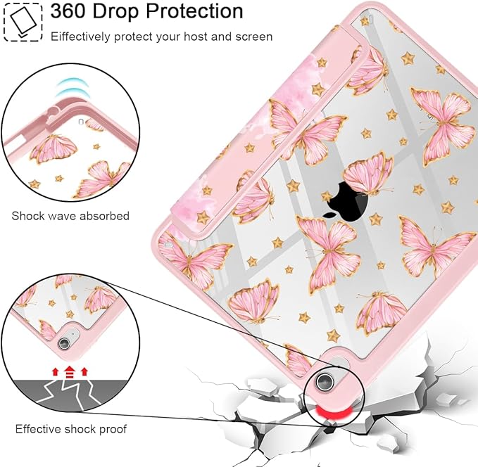 Tuiklol Case for iPad 11 inch (A16 Chip) 2025 Gen 11th / iPad 10.9 inch 2022 10th Gen Buit in Pencil Holder with Shockproof Cover Clear Transparent Back Shell Auto Wake/SleepPink Butterfly