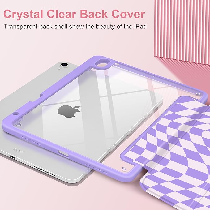 TWOLSKOO Case for iPad Air 11-inch (M4 2026 / M3 2025 / M2 2024) Clear Acrylic Back with TPU Bumper Pencil Holder Trifold Stand Auto Sleep/Wake Purple Wavy Checker