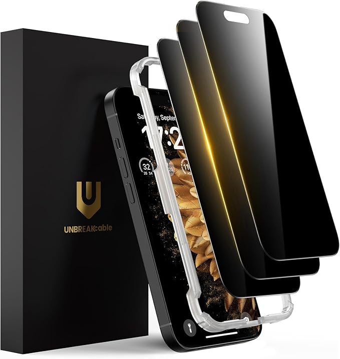 UNBREAKcable Privacy Screen Protector for iPhone 15 Plus (6.7) 25° Anti-Spy Tempered Glass Easy Install Alignment Frame Case-Friendly 9H Hardness Anti-Fingerprint 3-Pack