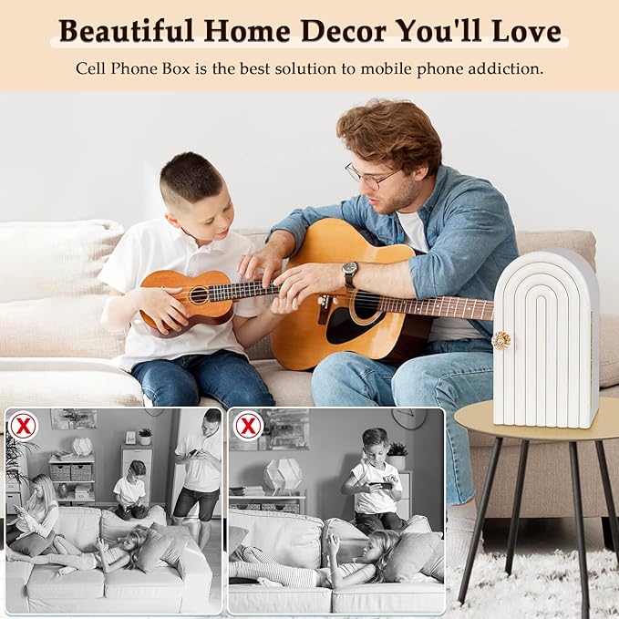 Phone Box for Family Time Bamboo Cell Phone Jail 3 Sections Hold 6 Phones with Charging Holes Phone Holder Self-Discipline Box Help Kids Adults Focus Back Mobile Phone Addiction (White)
