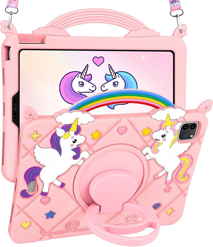 for iPad Air 11 inch Case(Air M4 2026 8th Gen/M3 2025/M2)/Air 5th/4th Gen 10.9 for iPad Pro 11 inch Case(4th/3rd/2nd/1st Gen) - Pink Unicorn Cover with Rotating Stand &amp Strap for Girls