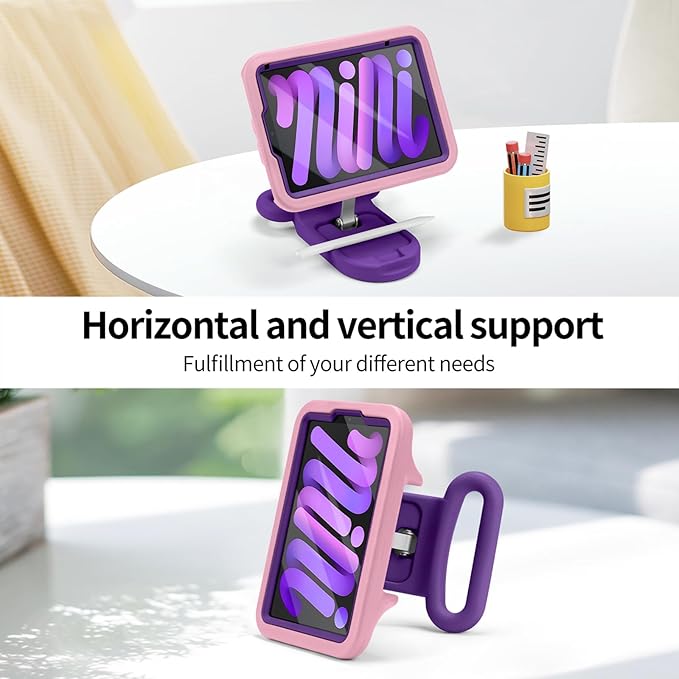 Kids Case for iPad mini 7 (A17 Pro) 2024 / iPad mini 6 2021 Adjustable Portrait/Landscape Stand Drop Proof Handle Kickstand Child Friendly with Screen Protector for iPad mini7th/6 8.3 inch(Pink)