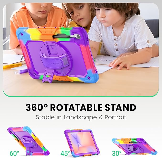 SEYMAC Case for Samsung Galaxy Tab S10 Lite/ S10 FE/ S9 FE/ S9 5G (10.9''/11'') Heavy Duty Shockproof Protective Case with Screen Protector Rotating Stand Hand Strap and Pen Holder Purple