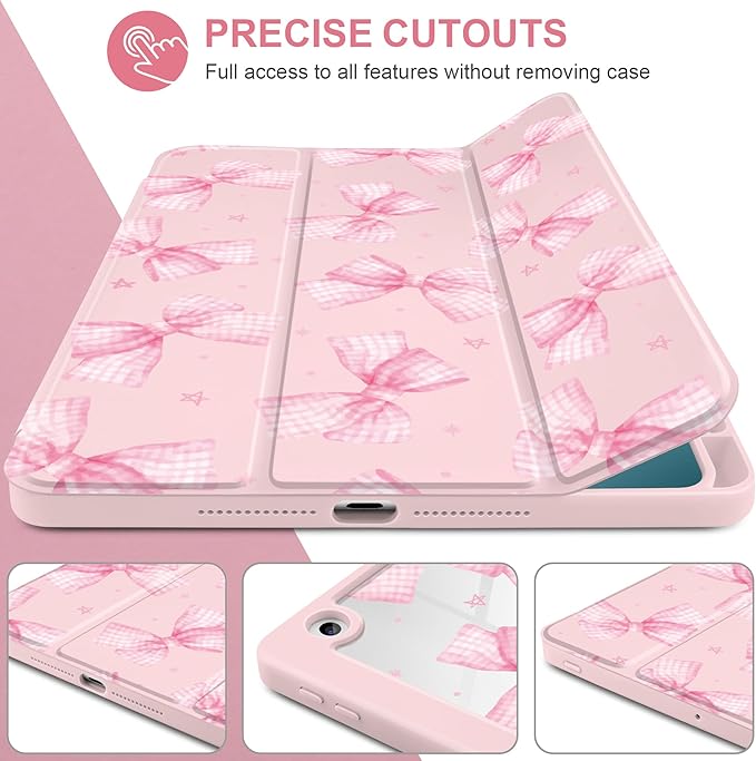 DONGKE for iPad 9th/8th/7th Generation Case 10.2 Inch (2021/2020/2019) [Auto Sleep/Wake &amp Pencil Holder] Clear Acrylic Back Trifold Stand Cover Gingham Bows