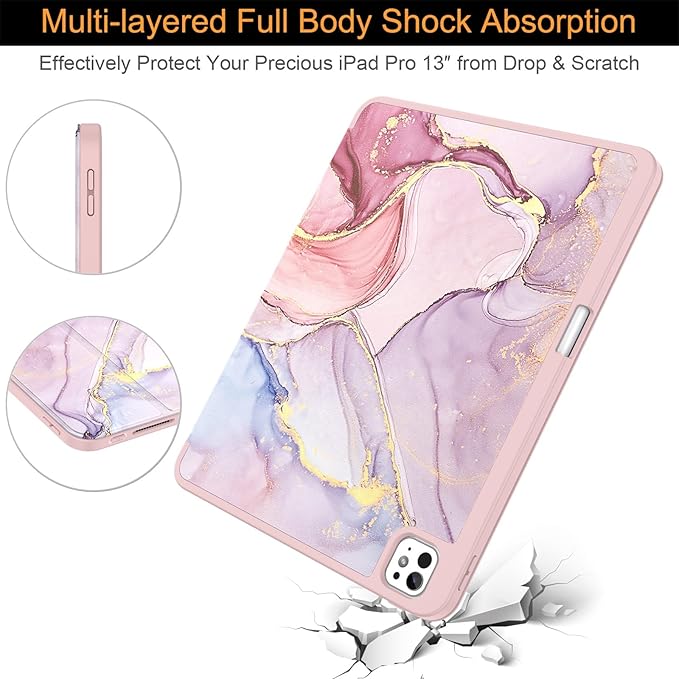 Soke Case for New iPad Pro 13 Inch (M5/M4 2025/2024 Release) with Pencil Holder Trifold Stand Shockproof [Support Apple Pencil Charging + Auto Wake/Sleep] Soft TPU Back Cover Dreamy Marble