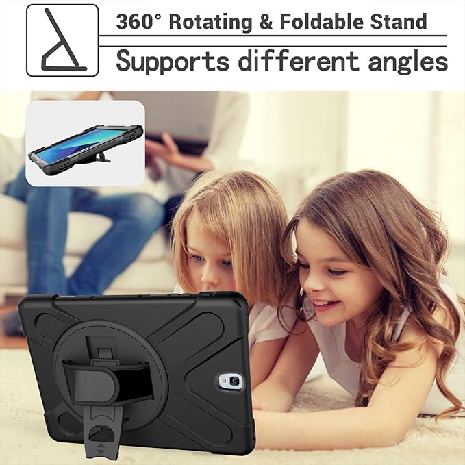 for Samsung Galaxy Tab S3 Case 9.7 inch 2017 SM-T820 T825 T827 Heavy Duty Full Body Shockproof Rugged Drop Protective Cover with 360° Rotating Stand Hand Strap Carrying Shoulder Strap Black