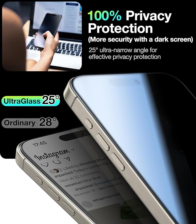 UltraGlass Ultra TOP 9H+ Glass for iPhone 14 Pro Max Privacy Screen Protector [Invisible Privacy Armor] Screen Protector 14 Pro Max Tempered Full Coverage &amp Longest Durable 2 Packs