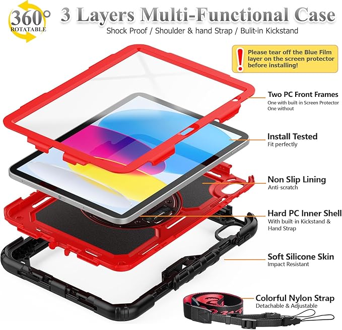 SEYMAC stock Case for iPad (A16) 11th/10th Generation 11''/10.9'' 2025/2022 Full-Body Drop Protection Case with Screen Protector &amp360° Rotate Hand Strap/Stand Red+SiliconeBlack