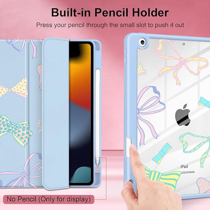 MEEgoodo Case for iPad 10.2 inchTablet Cases for iPad 9th Generation 2021/8th Gen 2020/7th Gen 2019 with Clear Acrylic Back Shell+Pencil Holder+Auto Wake/Sleep+Trifold StandHand Drawn Doodles &amp