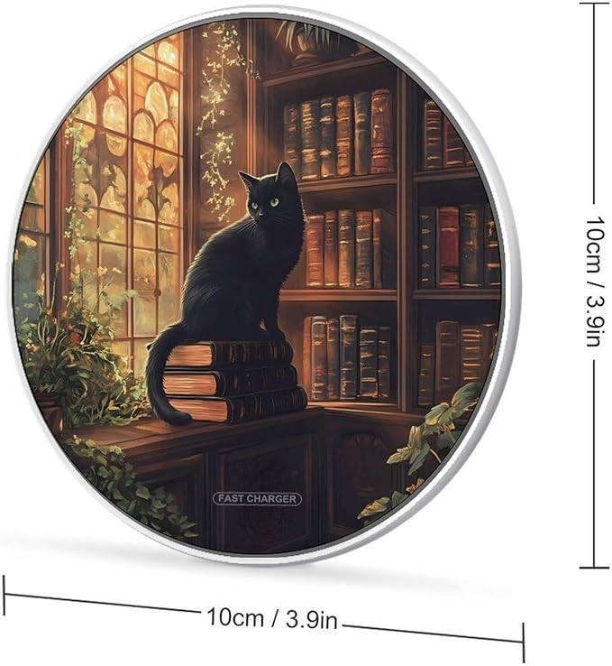 Black Cat Library Sunlight Window Phone Charger Magnetic Charging Pad Anti-Slip with USB Cable