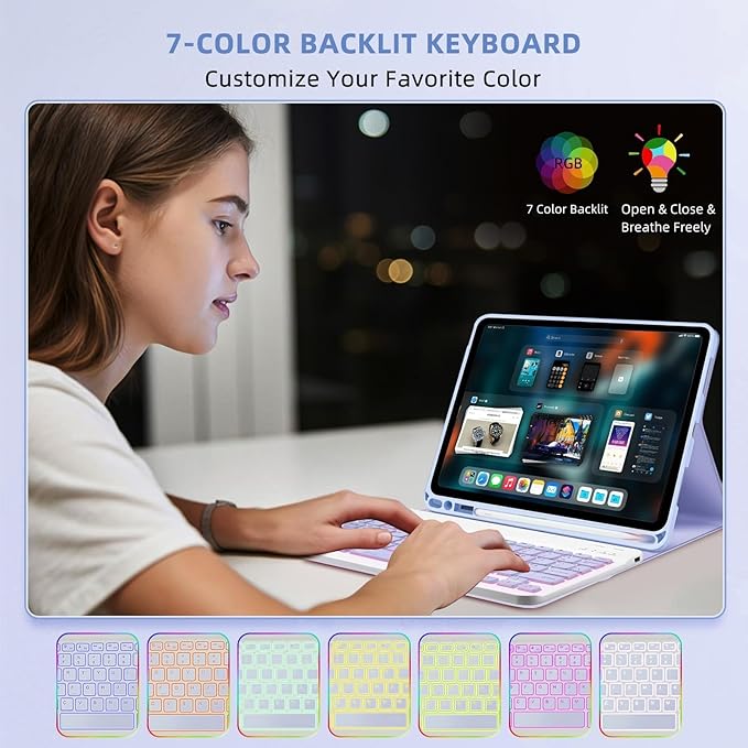 Keyboard Case for Amzaon Fire HD 10/10+ Plus (11/13th Generation) Case with Keyboard - 7 Colors Backlit Keyboard Protective Case and Mouse (Light Purple)