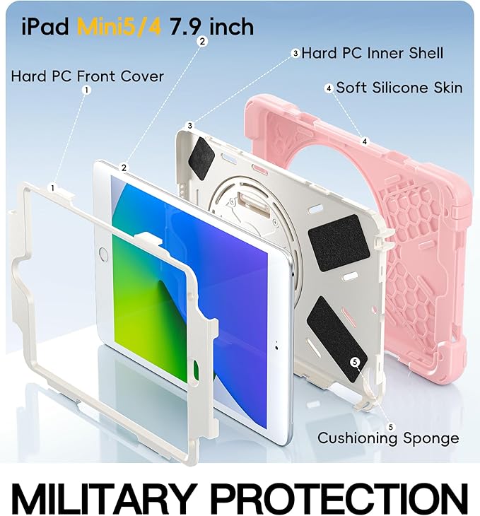 BRAECN iPad mini 5 CaseiPad mini 4 Case Heavy Duty Shockproof Protective Rugged Case with Pencil HolderHand StrapKickstand Shoulder Strap for iPad mini 5th/4th Generation 7.9 Inch for Kids