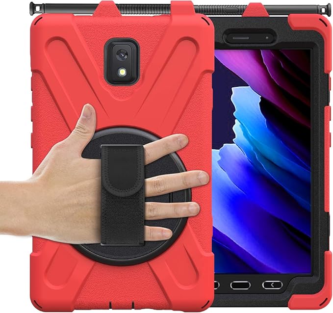Case for Samsung Galaxy Tab Active 3 8 T570 T575 T577 Heavy Duty Shockproof Rugged 3 Layer Kids Durable Case with 360 Swivel Kickstand Shoulder Strap &amp Hand Strap (Red)