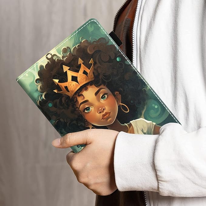 Case for All-New Kindle Fire HD 10 &amp 10 Plus Tablet 10.1 (13th/11th Generation 2023/2021 Release) - PU Leather Folio Case with Smart Auto Wake/Sleep African American Girl Wearing Crown