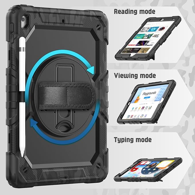 Case for iPad 9th/ 8th/ 7th Generation 10.2'' Shockproof 360° Rotating Hand Strap &amp Kickstand Protective Cover with Screen Pencil Holder for iPad 10.2 inch 2021-2019 Camo Black