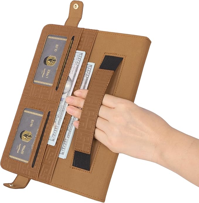 Elegant Crossbody Folio Stand Wallet Case w/Pencil Holder Card Slots Hand Strap Shoulder Strap Brown