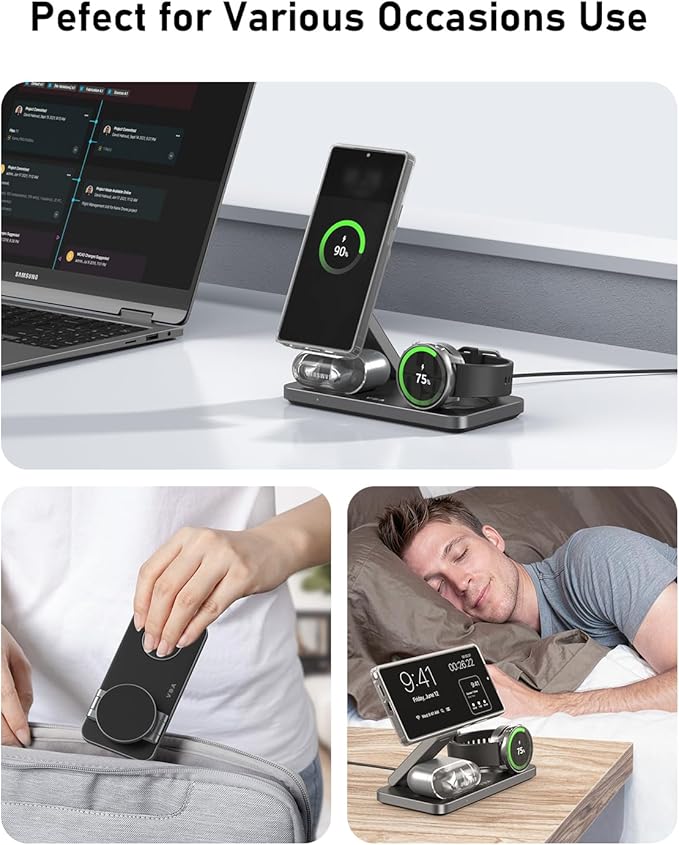 3 in 1 Foldable Magnetic Wireless Charging Station for Samsung Wireless Charger Stand for Galaxy S26 Ultra S25/S24 /Note 20/Flip 7/Fold 7 for Galaxy Watch Ultra/8/7/6Galaxy Buds 3/3 Pro
