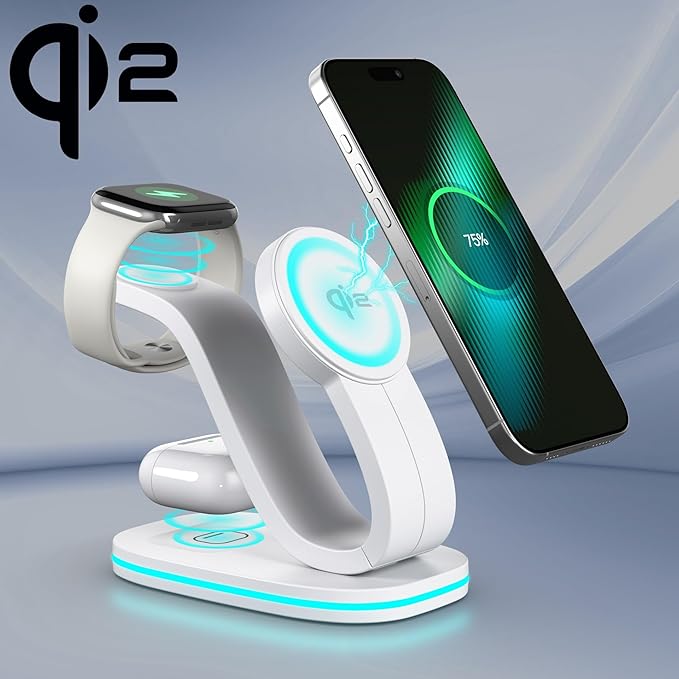 4-in-1 Wireless Charging Station Qi2 15W Charger Station for iPhone 17/16/15/14/13/12 Series Watch Airpods 1-8/Ultra iPad AirPods (White 4 in 1)