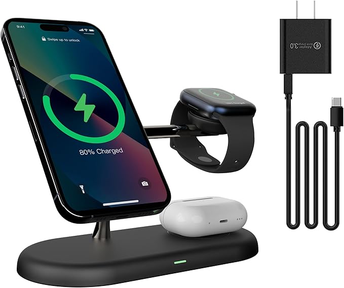 4 in1 Magnetic Wireless Charging Stand 15W Fast Chargingwith Neutral Light Design for iPhone 17/16、15/14/13/12 Series iWatch and Sansung Watch Airpods and Samsung TWS (T256-Black)