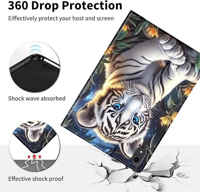 for iPad (A16) 11th Generation Case 11 2025for iPad 10th Gen Case 10.9 2022-Leather Adjustable Stand Smart Cover with S Pen Holder &amp Auto Wake/SleepCute White Tiger