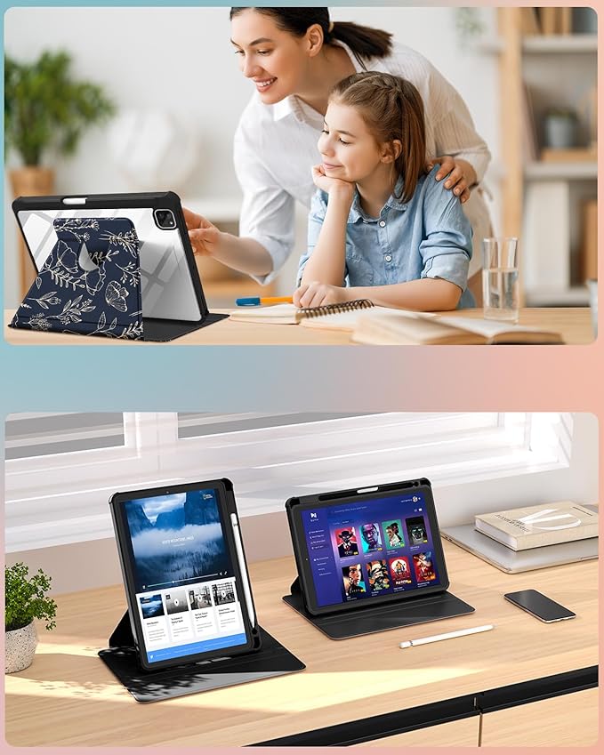for iPad Air 11 inch Case Air 5th/4th Generation 10.9 Pro 11'' Case Women Girls for Apple Pencil Holder Cute Flower Floral Rotating Folio Cover for Apple iPad Air 4/5 (2020/2022)/Pro 11