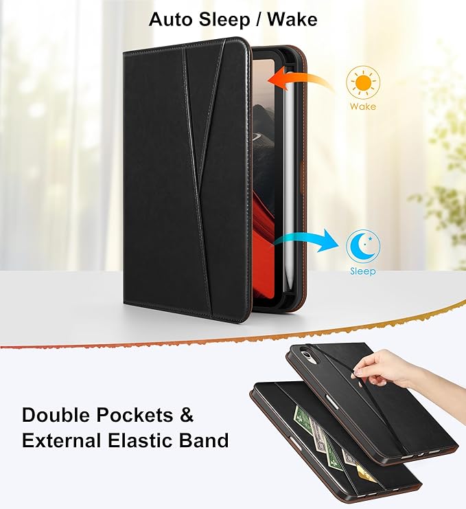 DTTO for iPad mini 7 (A17 Pro) Case iPad mini 7th / 6th Generation Case (2024/2021) 360 Degree Rotating Premium Leather Folio Stand Cover with Pencil Holder Black