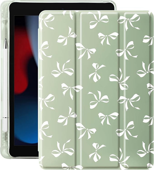 Idocolors Cute White Bow Case for 13 iPad Pro(2024) Tri-Fold Tablet Case with Auto Wake/Sleep &amp Pencil Holder - Vibrant Protective Cover for Women Girls and Teens (Green)