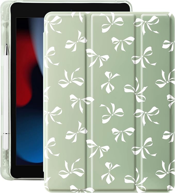Idocolors Cute White Bow Case for 8.3 iPad mini 6 Tri-Fold Tablet Case with Auto Wake/Sleep &amp Pencil Holder - Vibrant Protective Cover for Women Girls and Teens (Green)