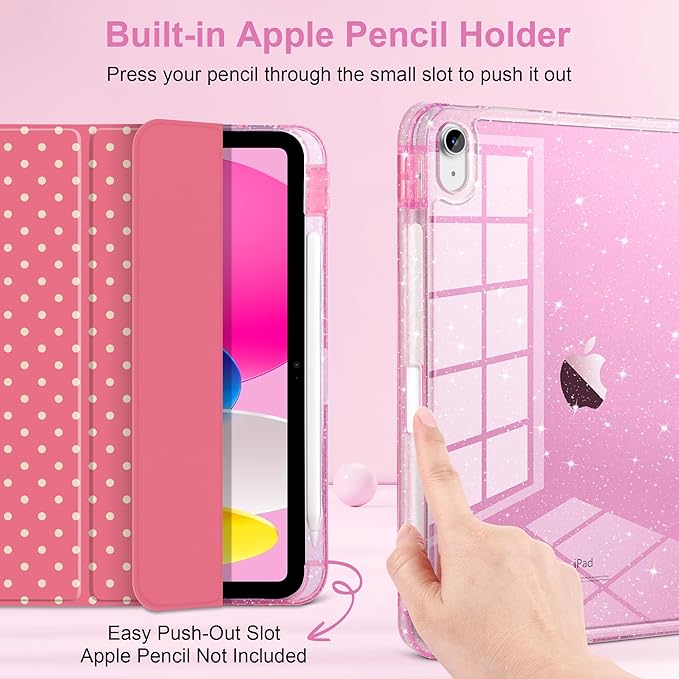 TWOLSKOO Sparkly Case for iPad Pro 11 inch (M5 2025 / M4 2024) Glitter Hard Acrylic Back with Pencil Holder Slim Trifold Stand Folio Cover Auto Sleep/Wake Rose Polka Dot