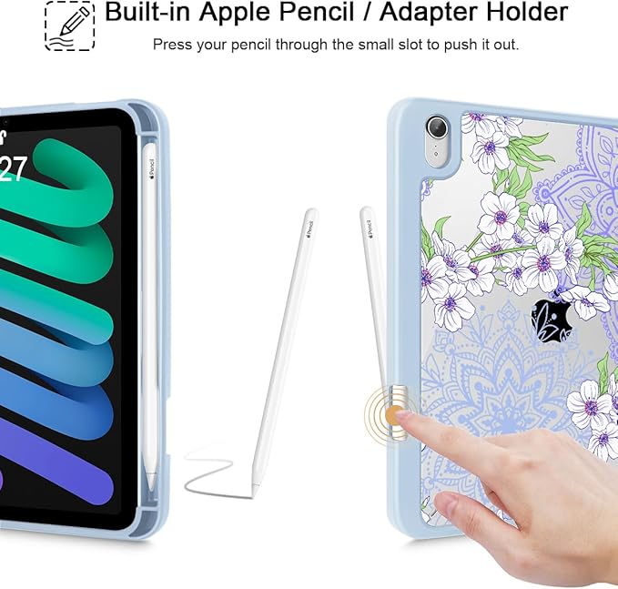 Mektron Printed Case for iPad mini 7 (A17 Pro) 2024/ Mini 6 2021 iPad mini 7th/6th Generation 8.3-inch Liquid Retina Display Cover Buit in Pencil Holder with Clear Back Shell Blossom Sakura-Blue