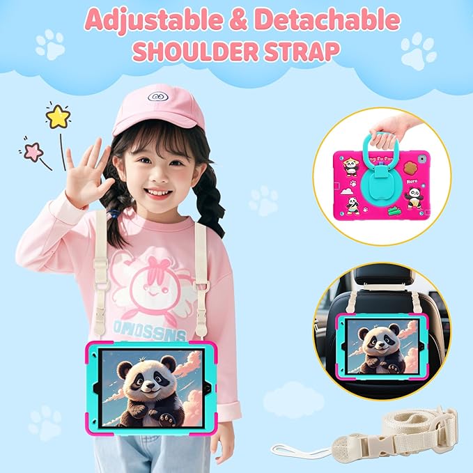 Case for iPad 9th/8th/7th GenerationCute 3D Cool Panda Warrior Design Cover with Screen Protector Rugged Protective Cartoon Case with Stand/Strap/Pen Slot for iPad 10.2 Kids Teens (Rose+Mint)