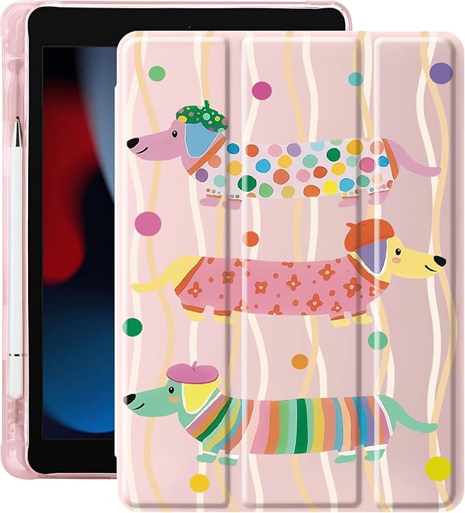 Idocolors Case for iPad 11 inch (A16 Chip) 2025 Generation 11th / iPad 10.9 inch 2022 10th Gen Built-in Pencil Holder with Soft TPU Shockproof Back Shell Auto Wake/Sleep Dachshund-Pink