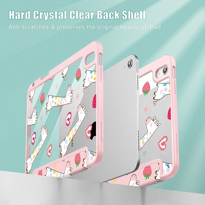 Case for iPad Air 11'' (M4 2026/M3 2025/M2 2024)/ iPad Air 10.9'' Air 5th /4th Gen Shockproof Cover with Clear Back Shell &amp Penceil Holder Auto Wake/Sleep Stand Cover Giraffe-Strawberry-Pink