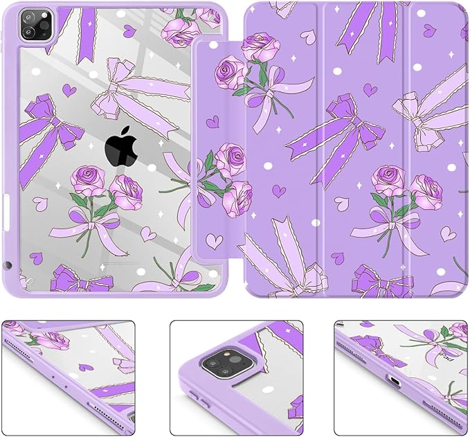 Tuiklol Case for iPad Pro 12.9 Inch M2 Case 2022 2021 2020 2018 Generation 6th/5th/4th/3rdBuilt-in Pencil Holder Clear Transparent Protective Back Shell Cover Bow &amp Rose Purple
