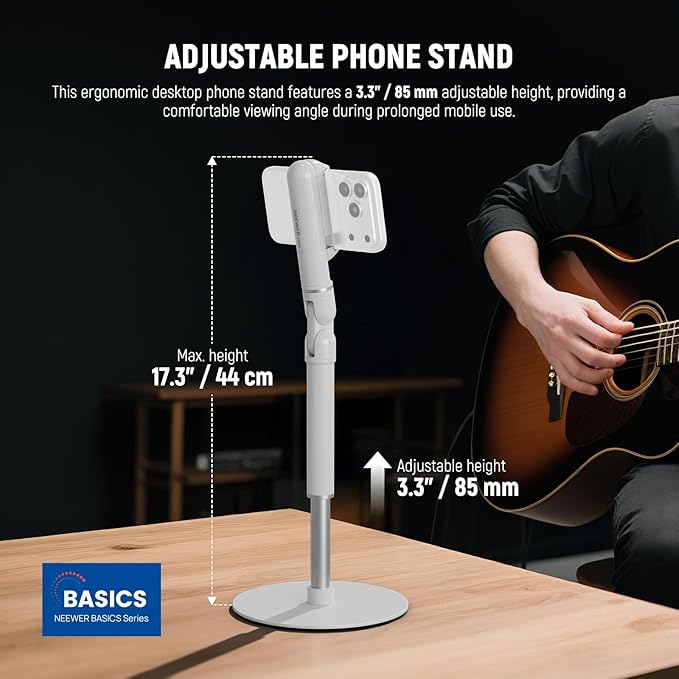NEEWER Basics Cell Phone Stand for Desk Adjustable Office Bed Table Phone Mount Holder Clamp with Weighted Metal Base Compatible with iPhone Video Recording ST006 White