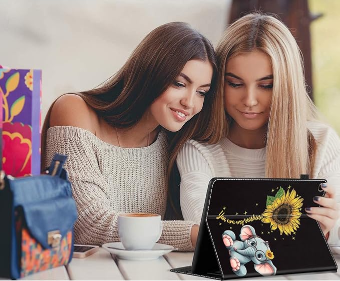 Case for All-New Amazon Fire HD 10 and 10 Plus Tablet (13th/11th Generation 2023/2021 Release) 10.1 - Slim Fit Standing Cover with Auto Sleep/WakeCute Elephant and Sunflower