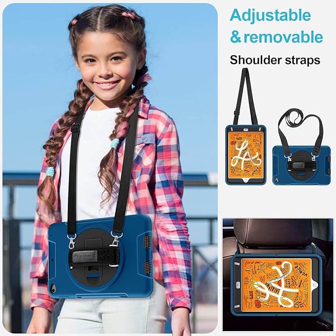 Case for iPad mini 5/4 7.9 INCH: TPU Cover for iPad mini 5th/4th Generation 7.9 Inch 2019/2015 with- Screen Protector- Stand- Handle- Shoulder Strap- Pencil Holder- Blue
