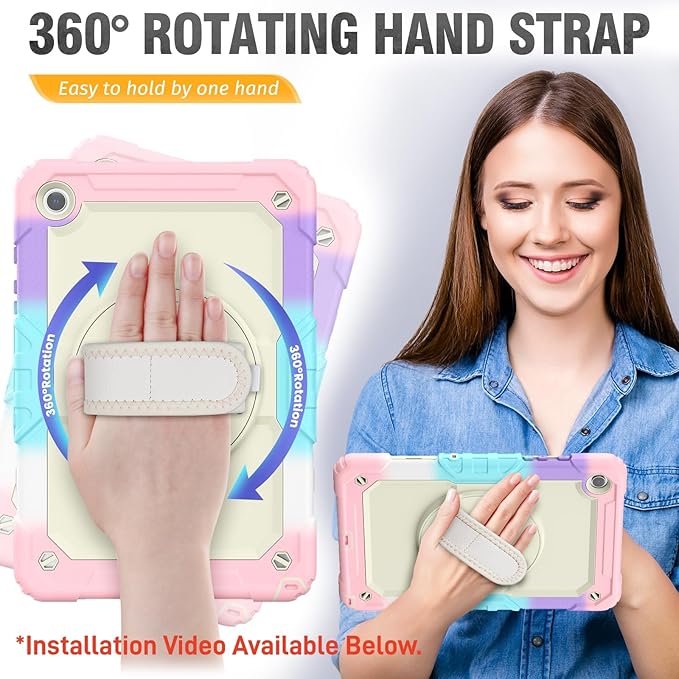 HXCASEAC Case for Samsung Galaxy Tab A11+ Plus Kids 11 Inch Protective with Screen Protector/Hand Strap/Pen Holder Sturdy Shockproof for Samsung A11 Plus Tablet Case Cute for Girls - Rainbow Pink