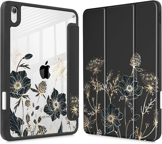 May Chen Slim Case for iPad mini 7 (A17 Pro 7th Generation) 2024 / iPad mini 6 (6th Gen) 8.3 Inch [Built-in Pencil Holder] Shockproof Cover Clear Clear Back Shell Auto Wake/Sleep Abstract Floral