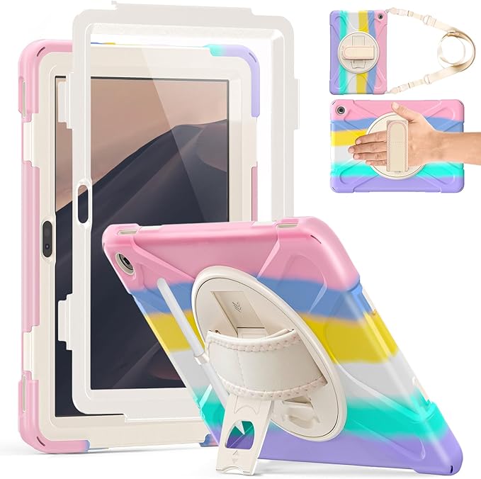 Weuiean Case for 10/10 Plus 13th Generation 10.1 2023 Military-Grade Heavy-Duty Shockproof Cover with 360° Rotating Stand Built-in Pencil Holder &amp Adjustable Hand/Shoulder Strap - Colorful Pink