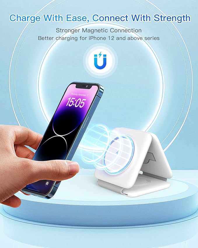 Charging Station for Apple Multiple Devices - 3 in 1 Foldable Magnetic Wireless Charger Dock - Travel Charging Pad for iPhone 16 15 14 13 12 Pro Max Plus Watch &amp Airpods