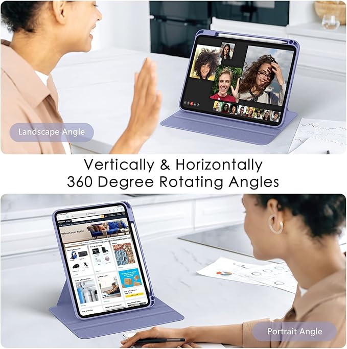 Soke Rotating Case for iPad (A16) 11th Generation 2025 iPad 10th Gen 2022 with Pencil Holder [Shockproof + Auto Sleep/Wake] 360 Degree Rotation Clear Back for iPad 11/10.9 - Lilac Purple