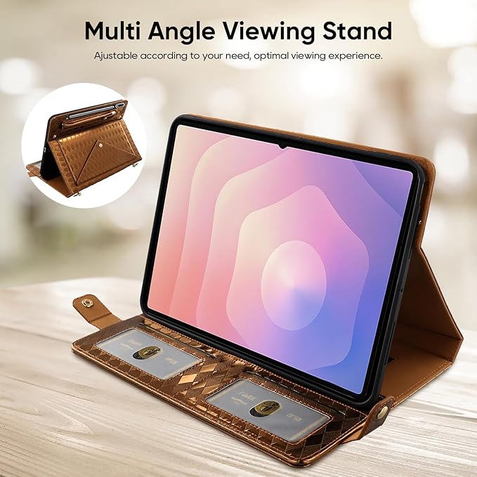 Tablet Carrying Shoulder Bag Case for Samsung Galaxy Tab S9 FE+ Plus/S9+/S8+/S7+ Plus 12.4 Iridescent Diamond Texture Envelope PU Leather Hand Strap Cards Holder Pocket S Pen Holder CaseBrown