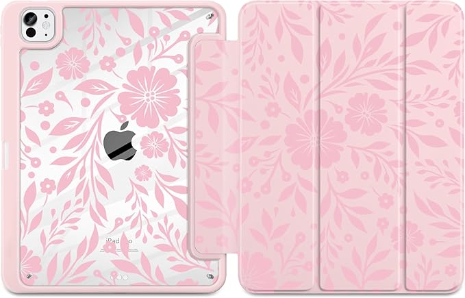 MecBevia Case for iPad Pro 11 inch M5 2025 / M4 2024 (6th/5th Gen) A3357 A3358 A3359 A2836 A2837 A3006 – Built-in Pencil Holder &amp Auto Wake/Sleep Pink Bloom