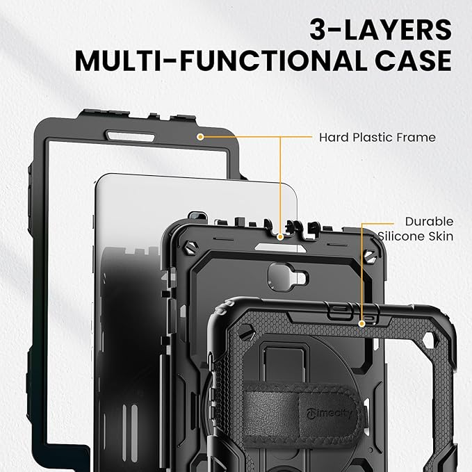 Timecity Case for Samsung Galaxy Tab A 10.1 inch 2016 Release SM-T580 T585 T587 Heavy Duty Protection Case with Screen Protector Stand Hand Strap and Shoulder Strap - Black